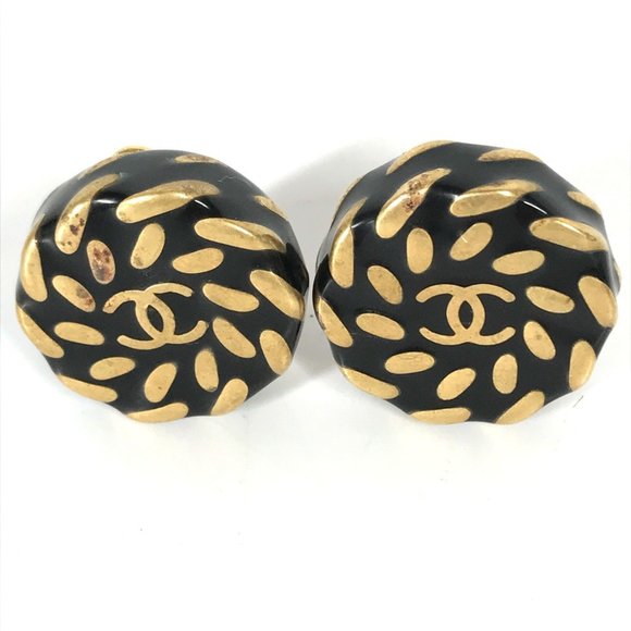 CHANEL Vintage Black Logo Earrings - Picture 1 of 8